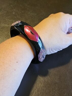 Vintage Black Resin Bracelet Bangle with Pink Lip Accents by Swarovski